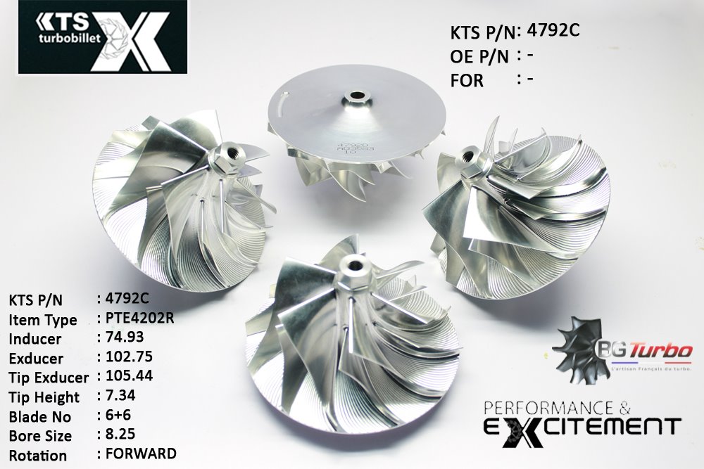 Turbo ROUE FORGÉE MFS PERFORMANCE - 6+6 PALES - INDUCER : 74,93 - EXDUCER : 102,75 - TYPE : PTE4202RANGLE : 60° - ROTATION : Forward - SUPER BACK : 9,51 - BORE SIZE : 8,25
